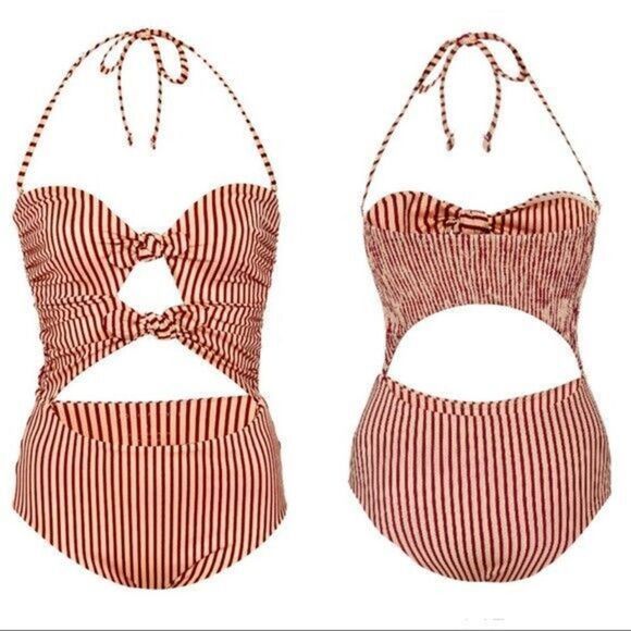 TORI PRAVER 1R19SOROST ROUX 1-PIECE CUTOUT BANDEAU BIKINI TIE FRONT HALTER GOLD - Picture 6 of 12